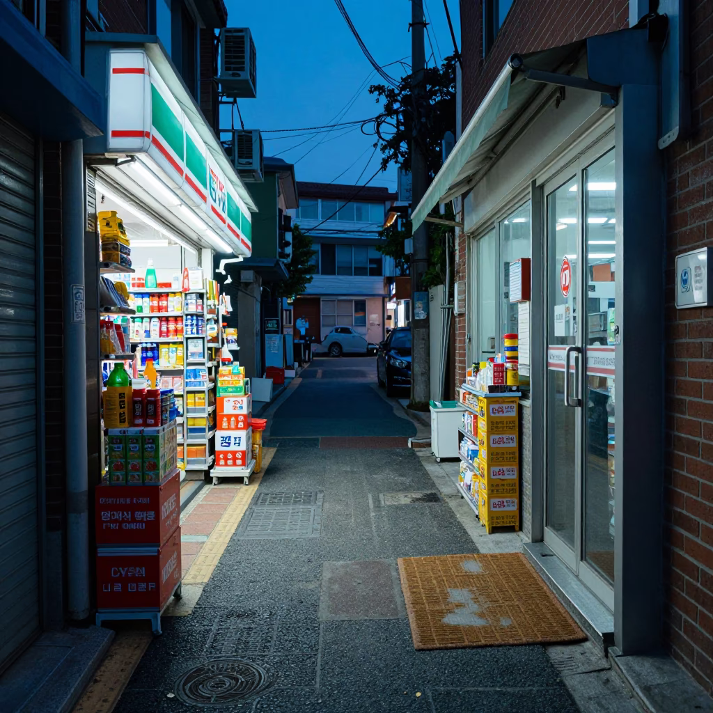 Seoul evening street scene with convenience store goods and doormat in in Seoul, South Korea