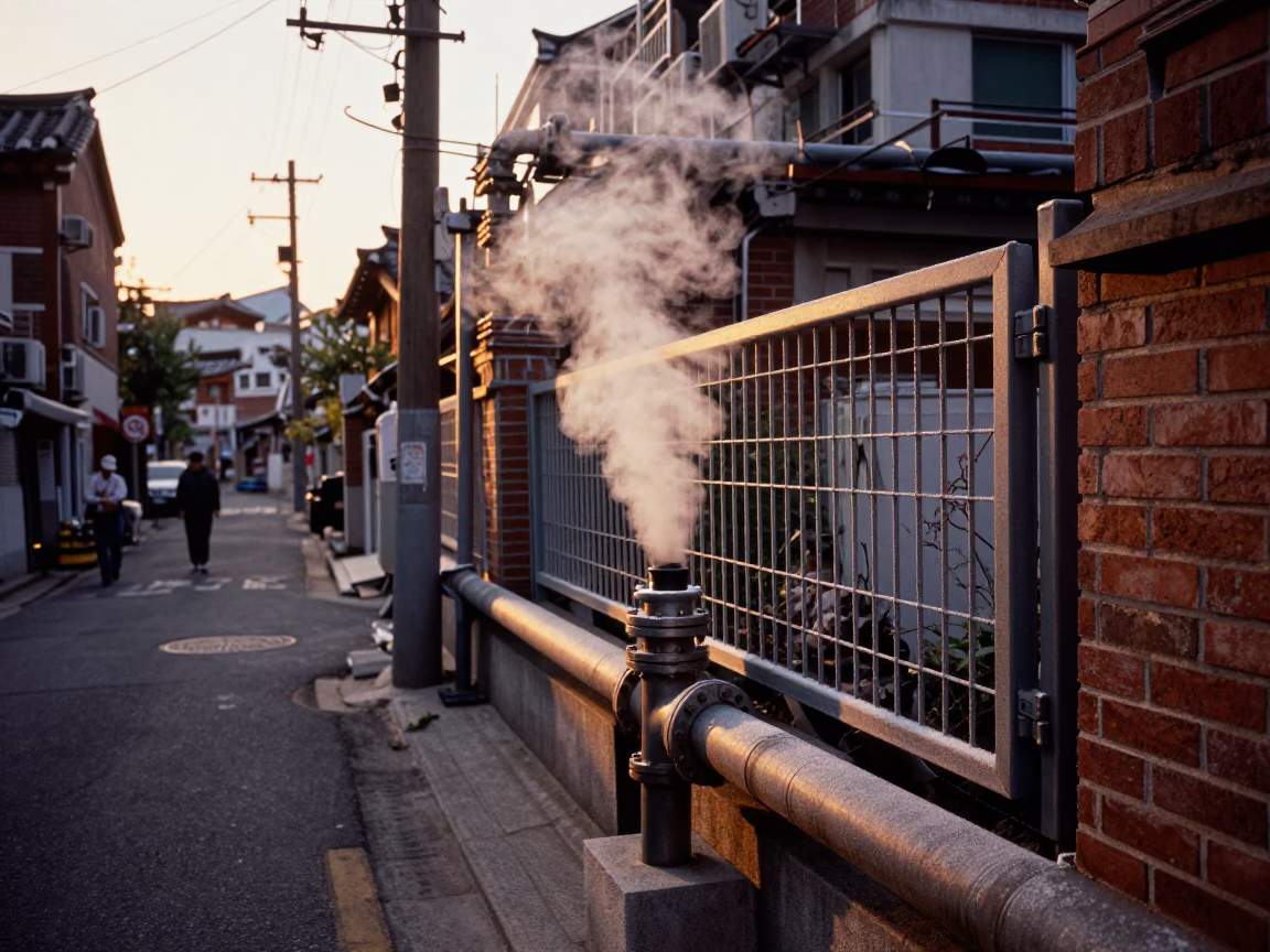Seoul Evening Street Scene with District Heating Pipes and Highway Flyover in in Seoul, South Korea