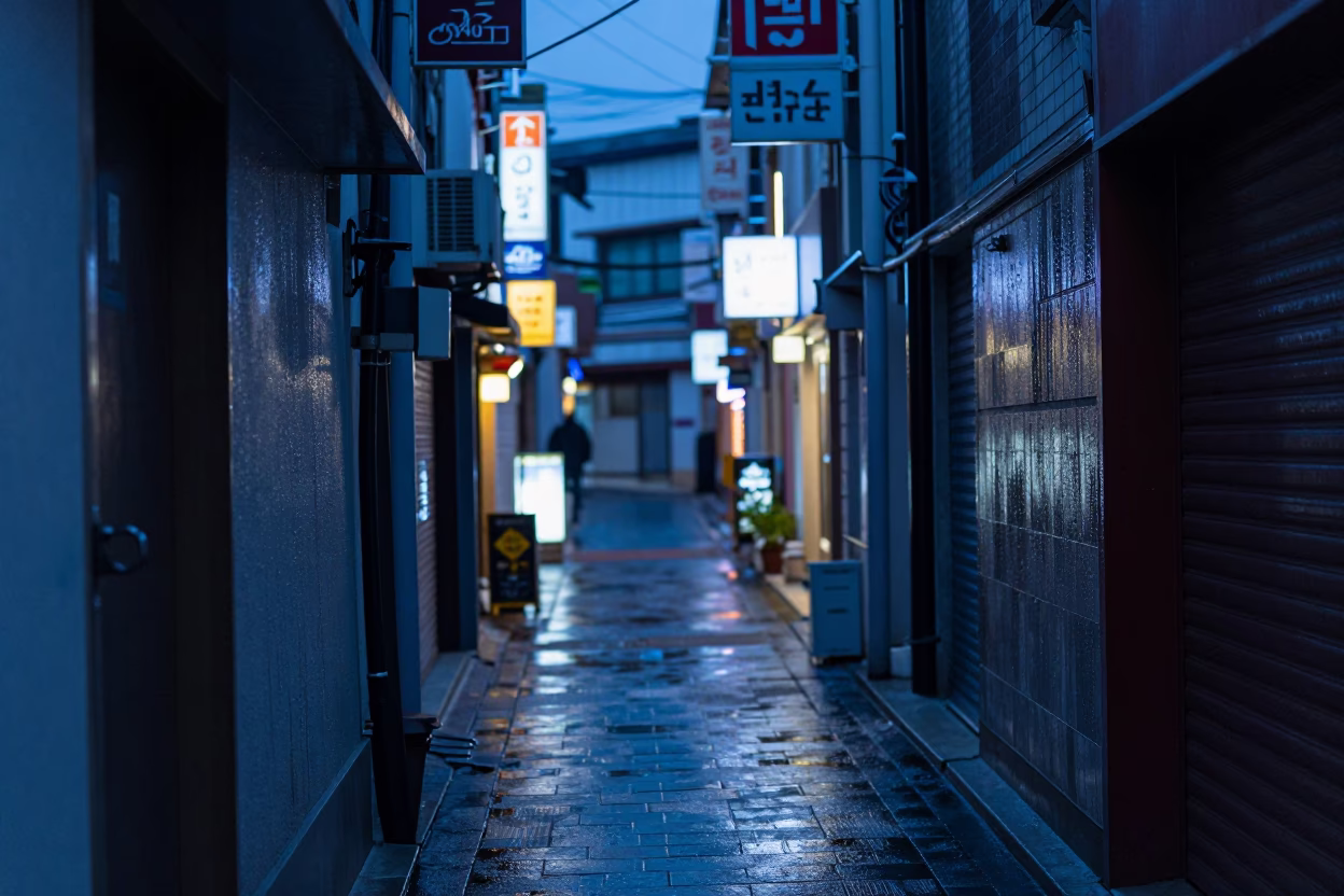 Seoul Evening Street Scene with Grease Sheen on Doorframe and Folding Ruler in in Seoul, South Korea