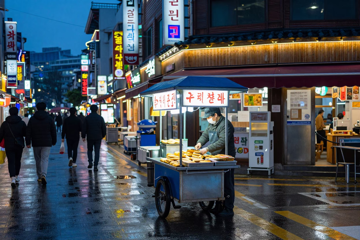 Seoul Evening Street Scene with Jjianbing Crepe Cart and City Lights in in Seoul, South Korea