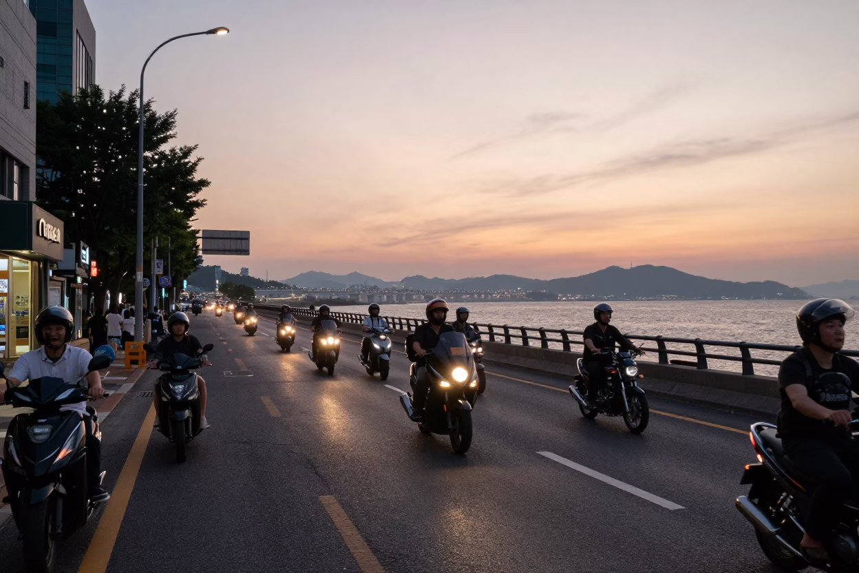 Seoul Evening Street Scene with Motorcycle Convoy and Urban Life in in Seoul, South Korea