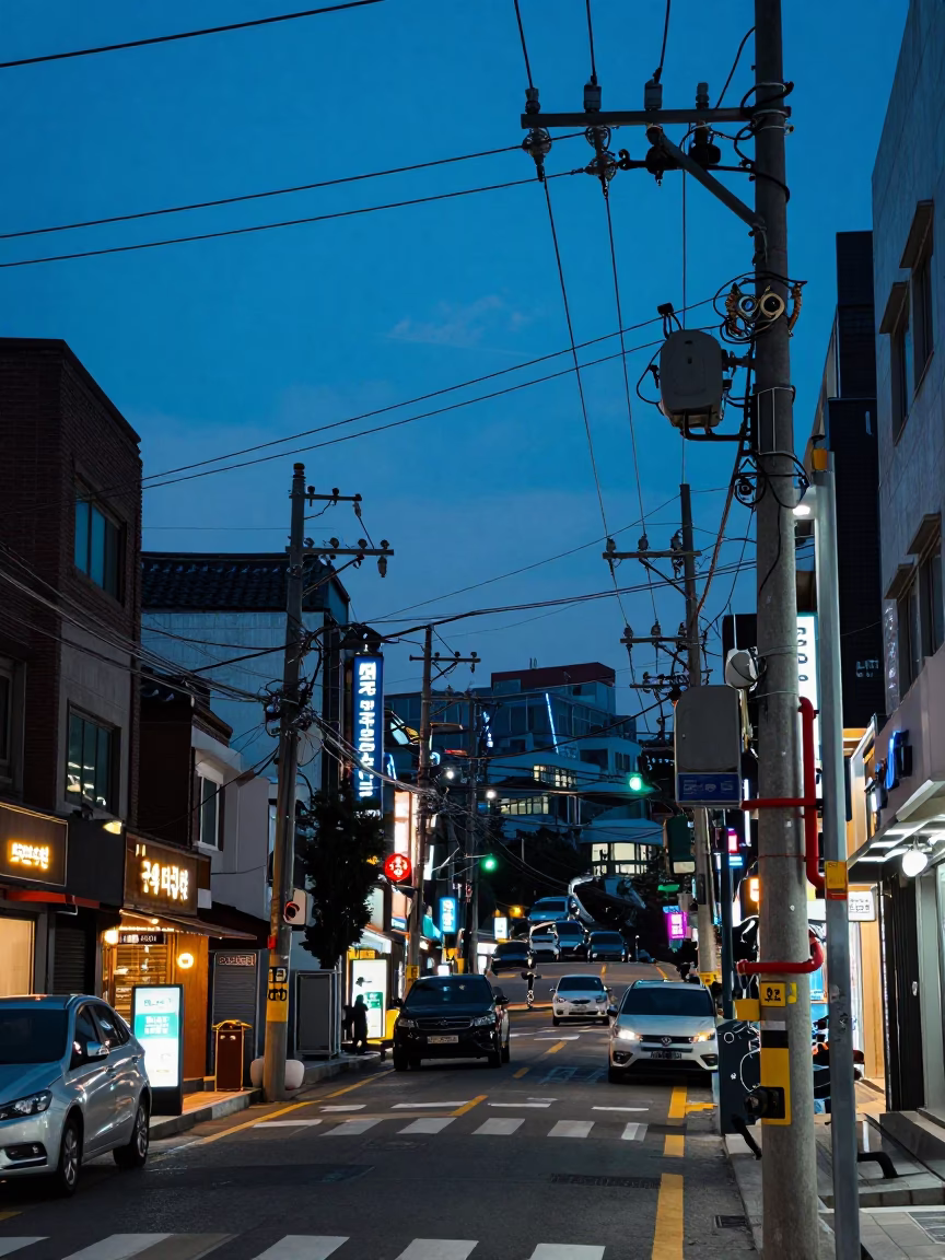 Seoul Evening Street Scene with Neon Lights and Urban Details in in Seoul, South Korea