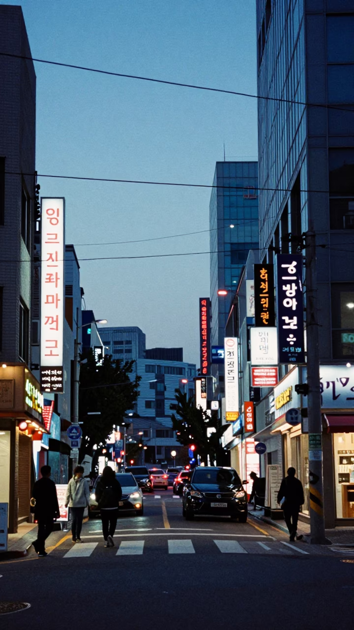 Seoul Evening Street Scene with Neon Signs and Utility Infrastructure in in Seoul, South Korea