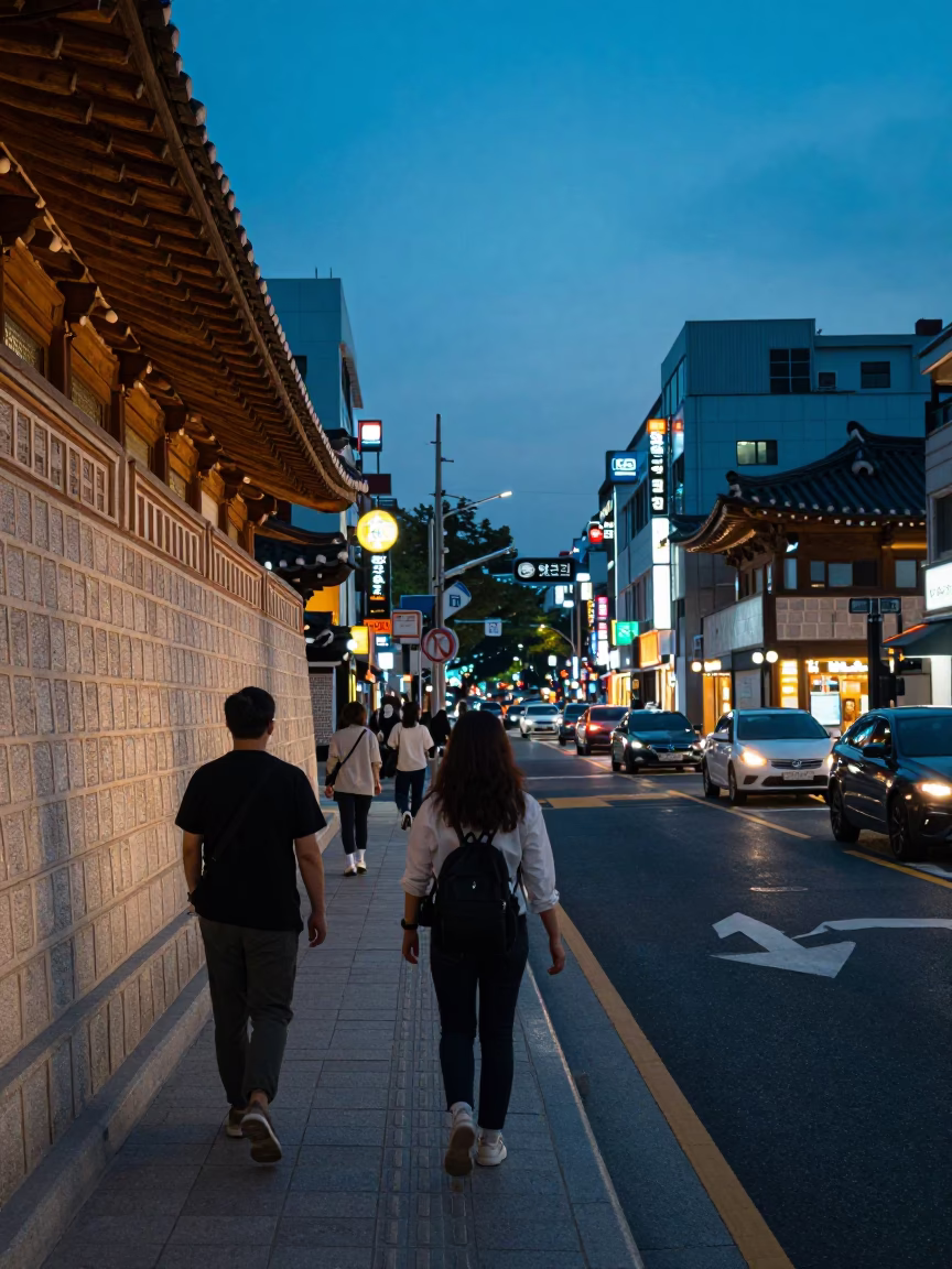 Seoul evening twilight street scene with pedestrians and neon signs in South Korea in in Seoul, South Korea