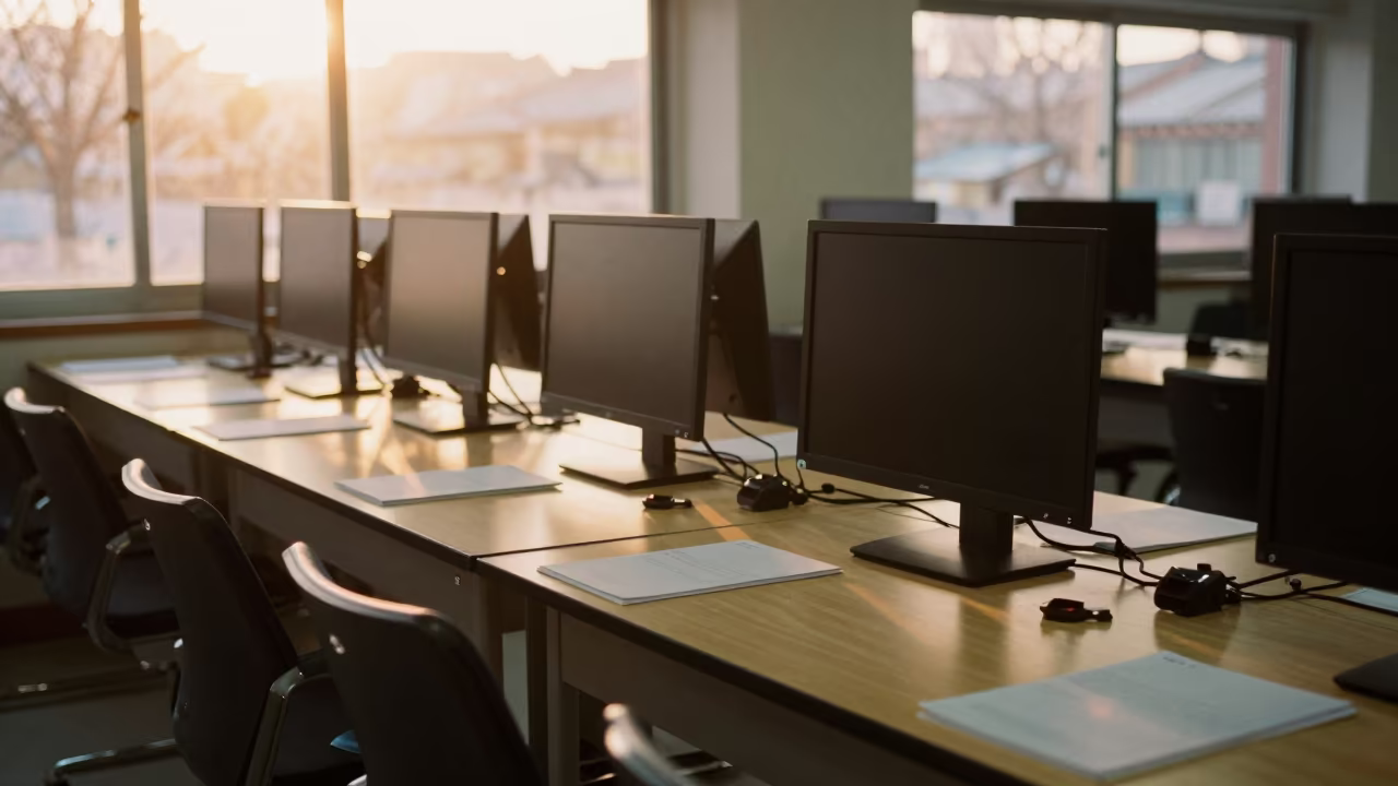Seoul Exam Desk Sunset Golden Light in in a computer lab before lessons near Insadong, Seoul