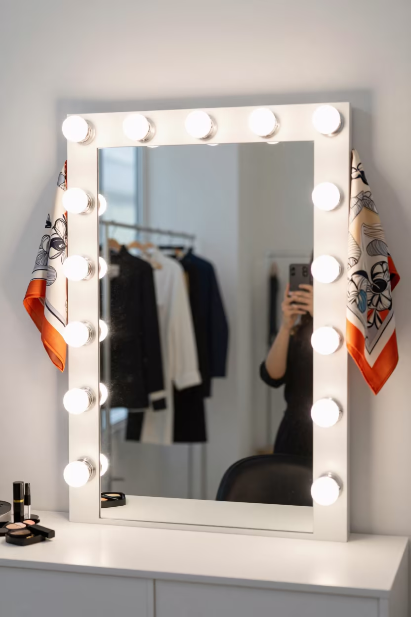 Seoul Fashion Mirror with Scarves at Dawn in beside a mirror lined with makeup bulbs in Seoul