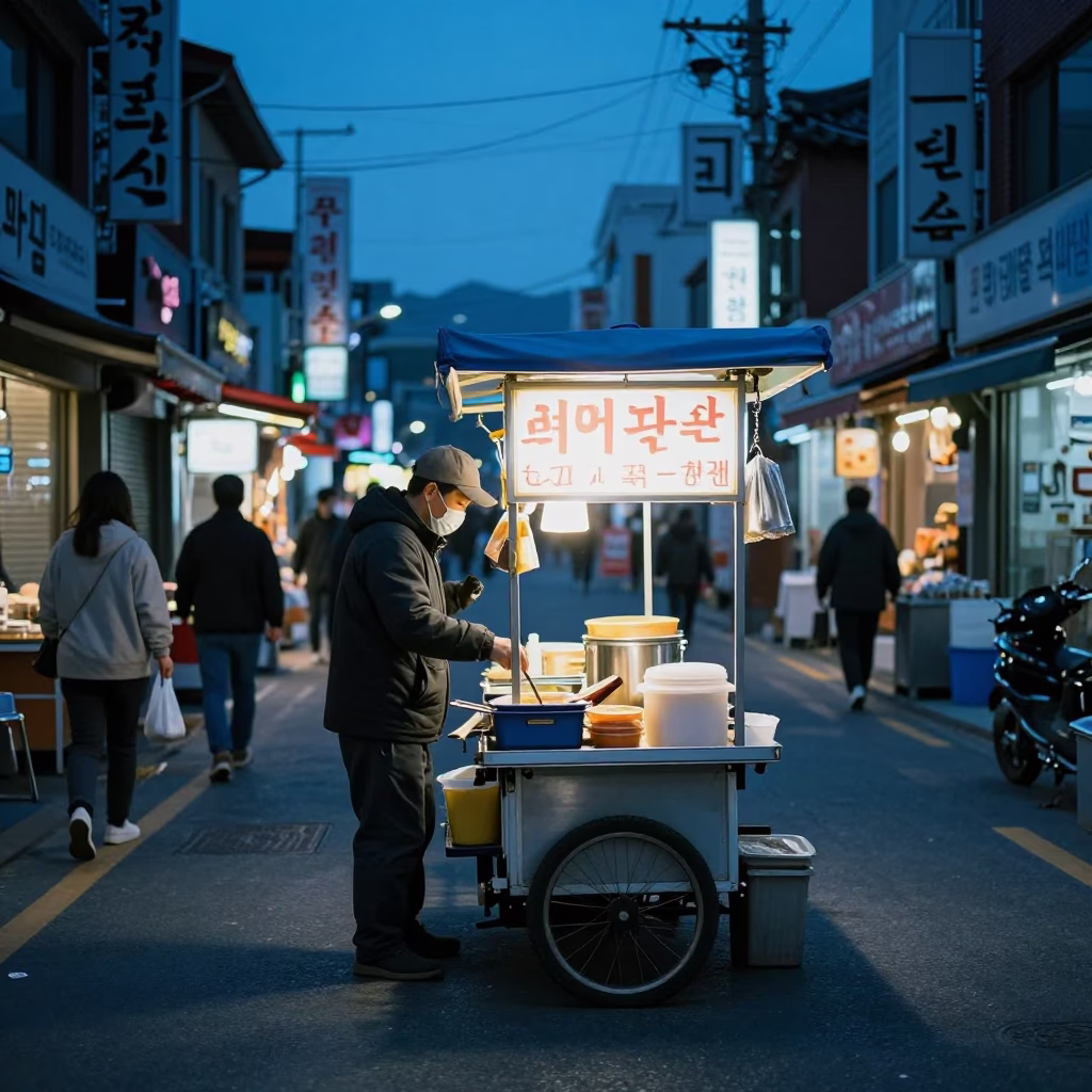 Seoul Food Stall at The Last Blue Light Of Evening in in Seoul, South Korea