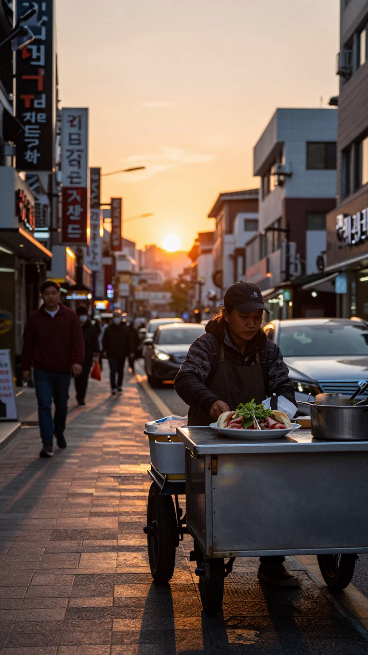 Seoul Food Vendor at As The Sun Drops Toward The Horizon in in Seoul, South Korea