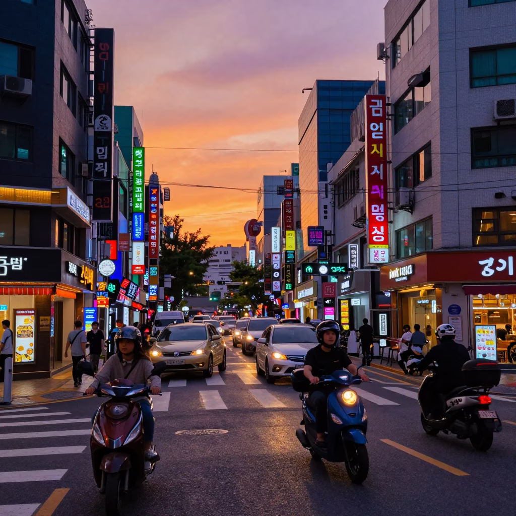 Seoul Gangnam Street Golden Hour Scooter Traffic and Neon Signs Before Sunset in in Seoul, South Korea