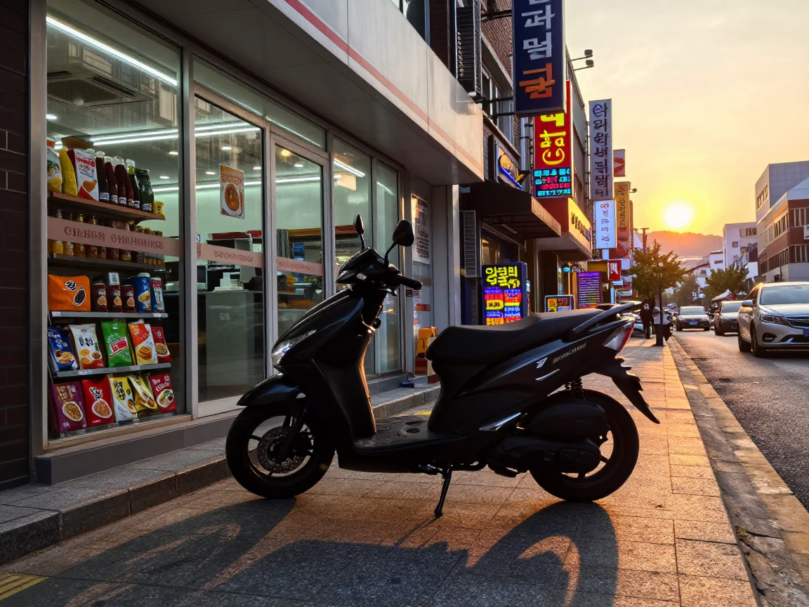 Seoul Gangnam street scene at sunset with motorcycle and urban architecture in in Seoul, South Korea