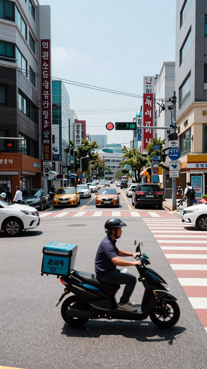 Seoul Gangnam Street Scene Under Flat Noon Glare with Scooter and Shirt Hanger Detail in in Seoul, South Korea