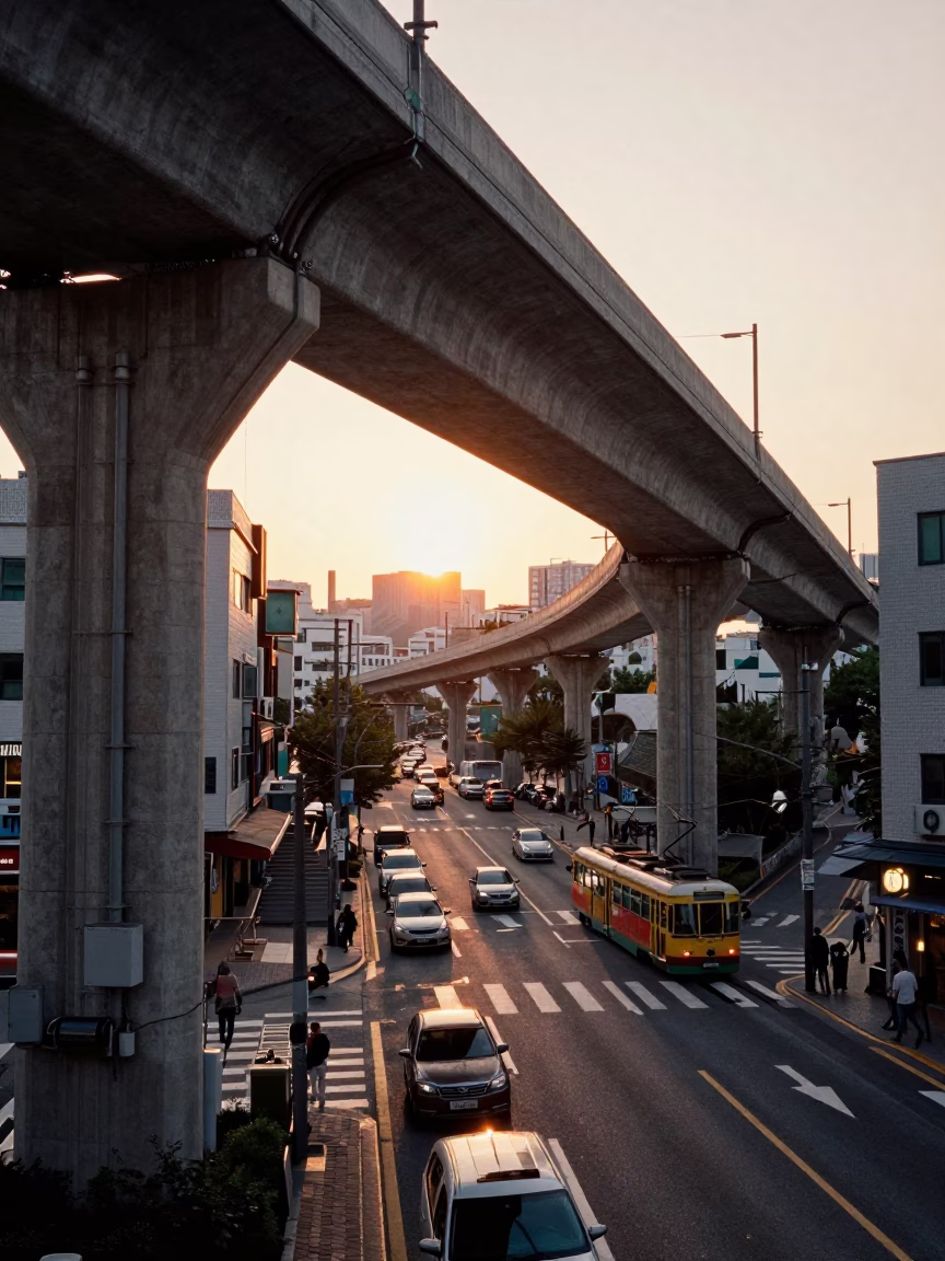 Seoul Golden Hour Street Scene with Concrete Viaduct and Tram Reflection in in Seoul, South Korea