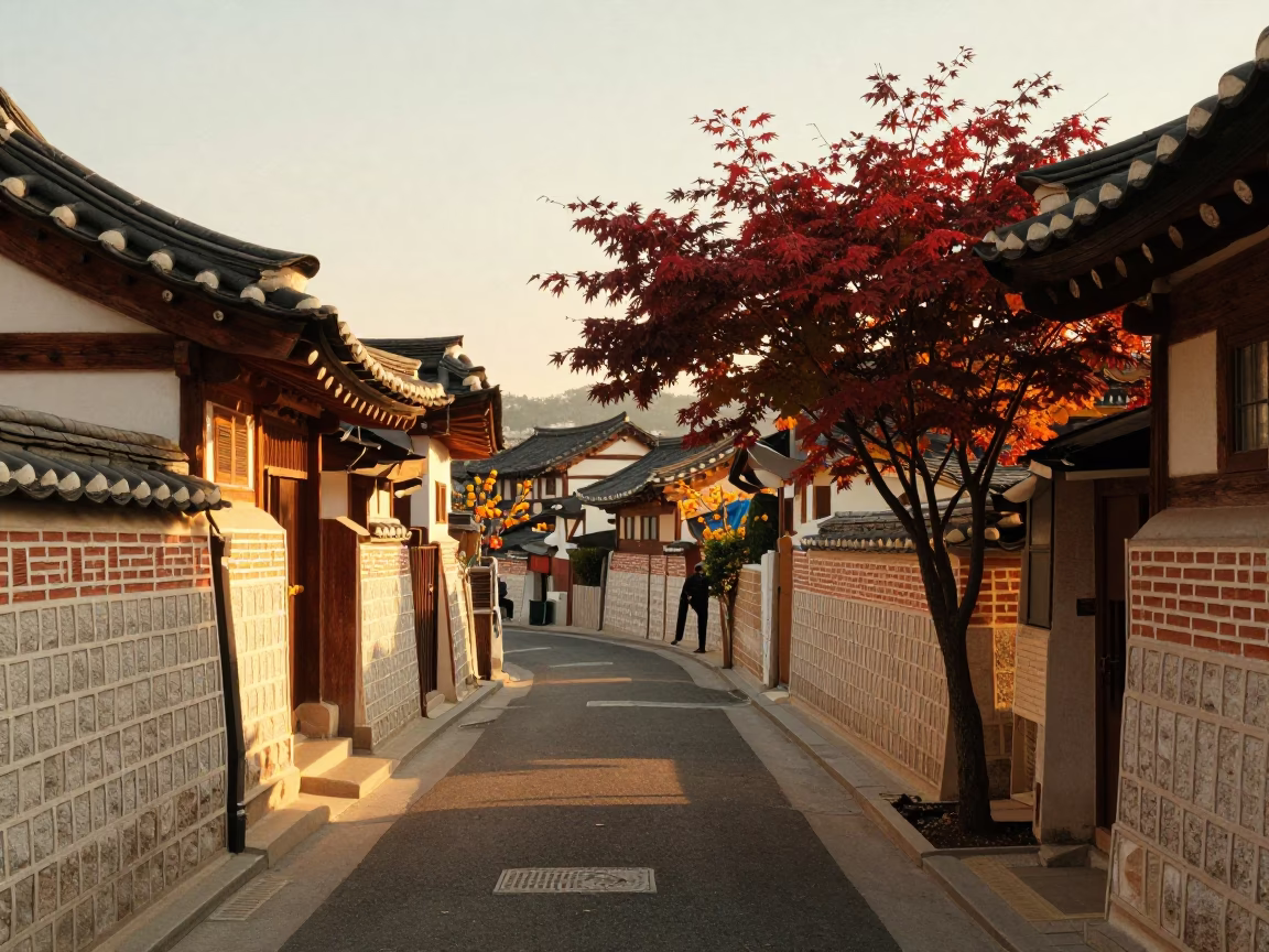 Seoul Golden Hour Street Scene with Japanese Maple and Apricots in in Seoul, South Korea