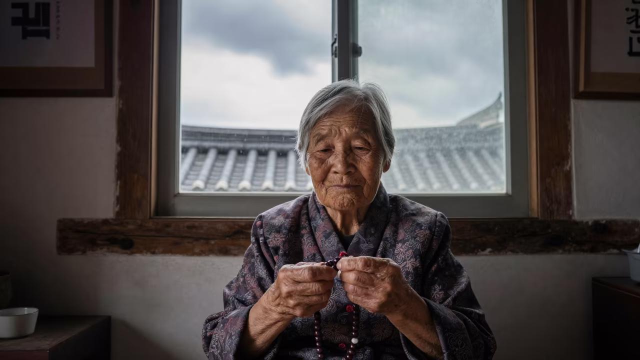Seoul Grandmother Praying with Beads in in the old quarter in Seoul