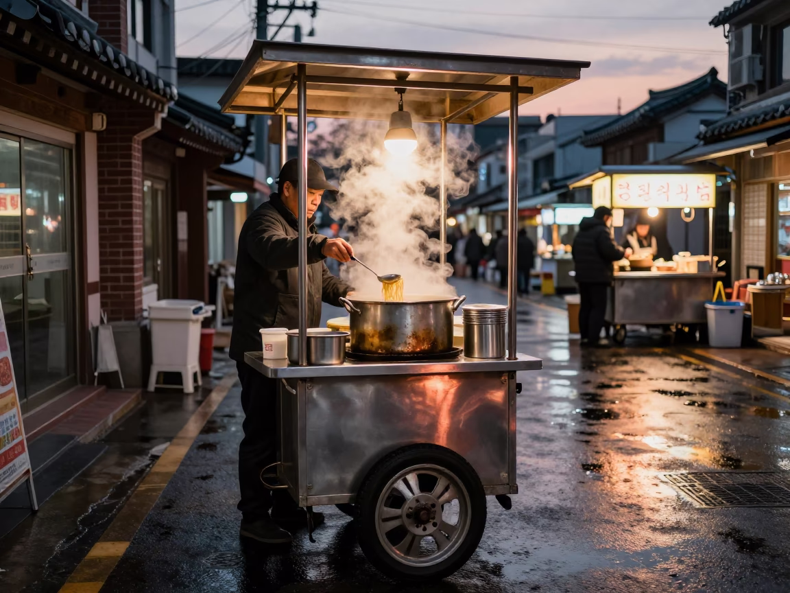 Seoul Hot Noodles at Copper-toned Light Before Dusk in in Seoul, South Korea
