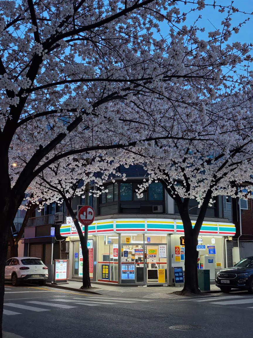 Seoul Indigo Twilight Street Scene with Cherry Blossoms and Urban Life in in Seoul, South Korea
