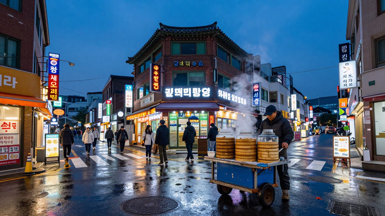 Seoul Indigo Twilight Street Scene with Glass Jar and Bamboo Steamers in in Seoul, South Korea