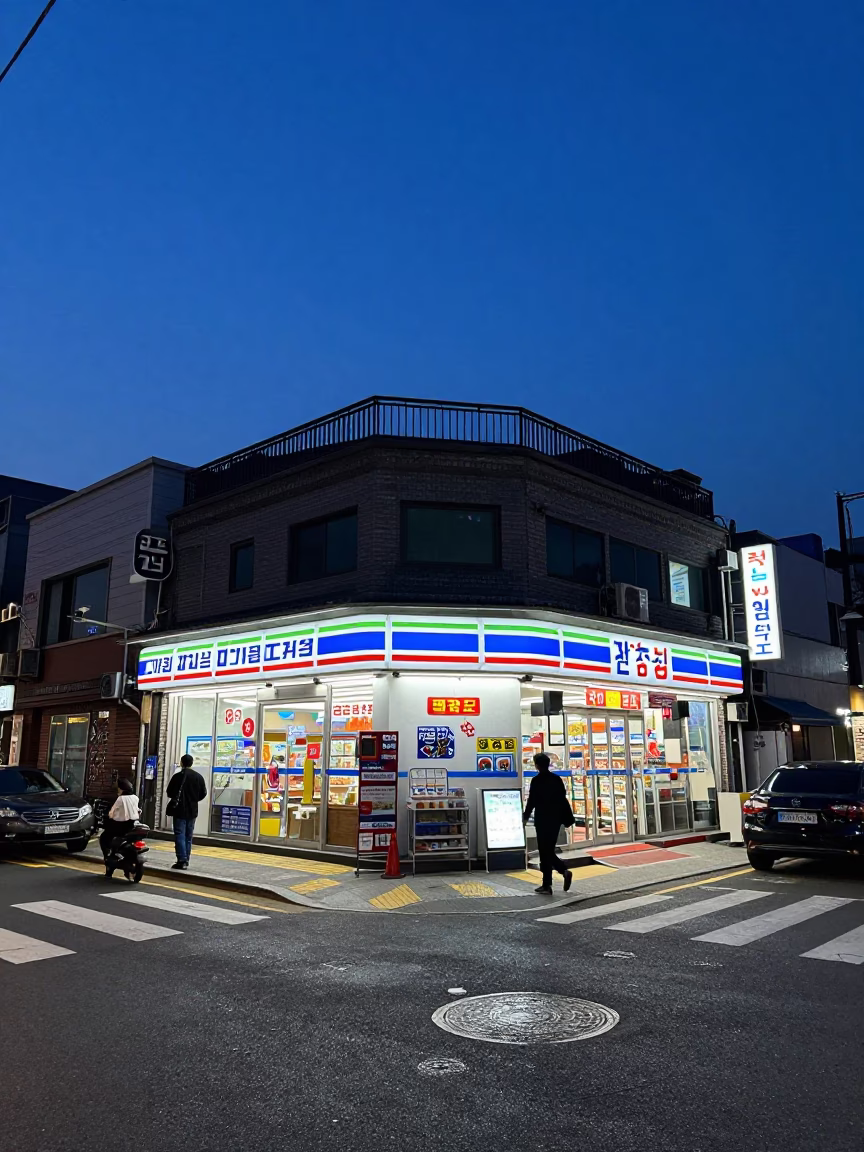 Seoul indigo twilight street scene with glowing convenience store signage and passing commuters in in Seoul, South Korea