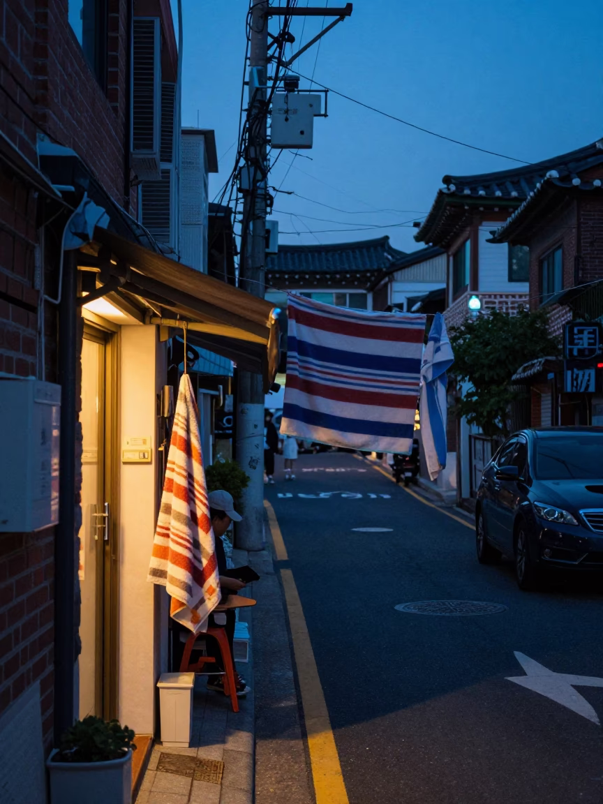 Seoul Indigo Twilight Street Scene with Hanging Towels and Neon Signs in in Seoul, South Korea
