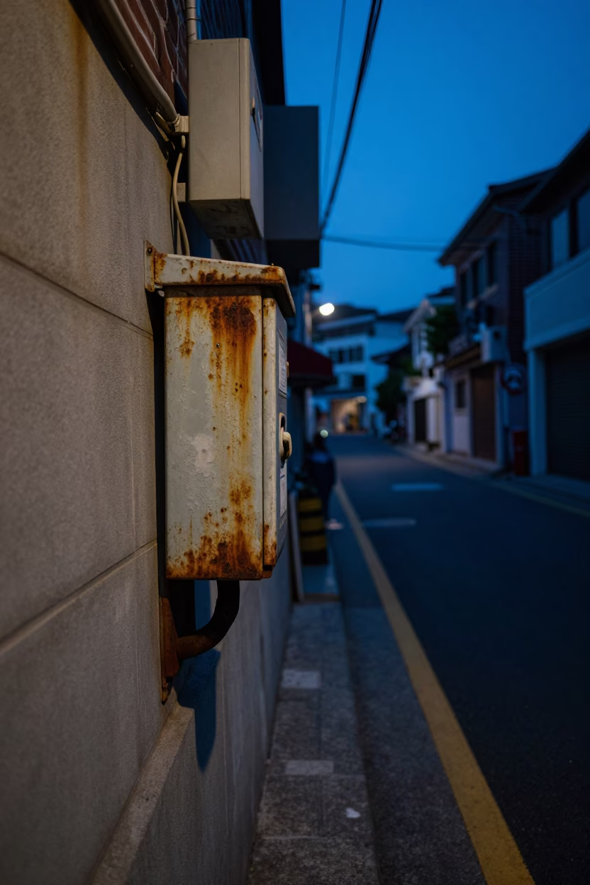 Seoul Indigo Twilight Street Scene with Rust and Grease Details in in Seoul, South Korea