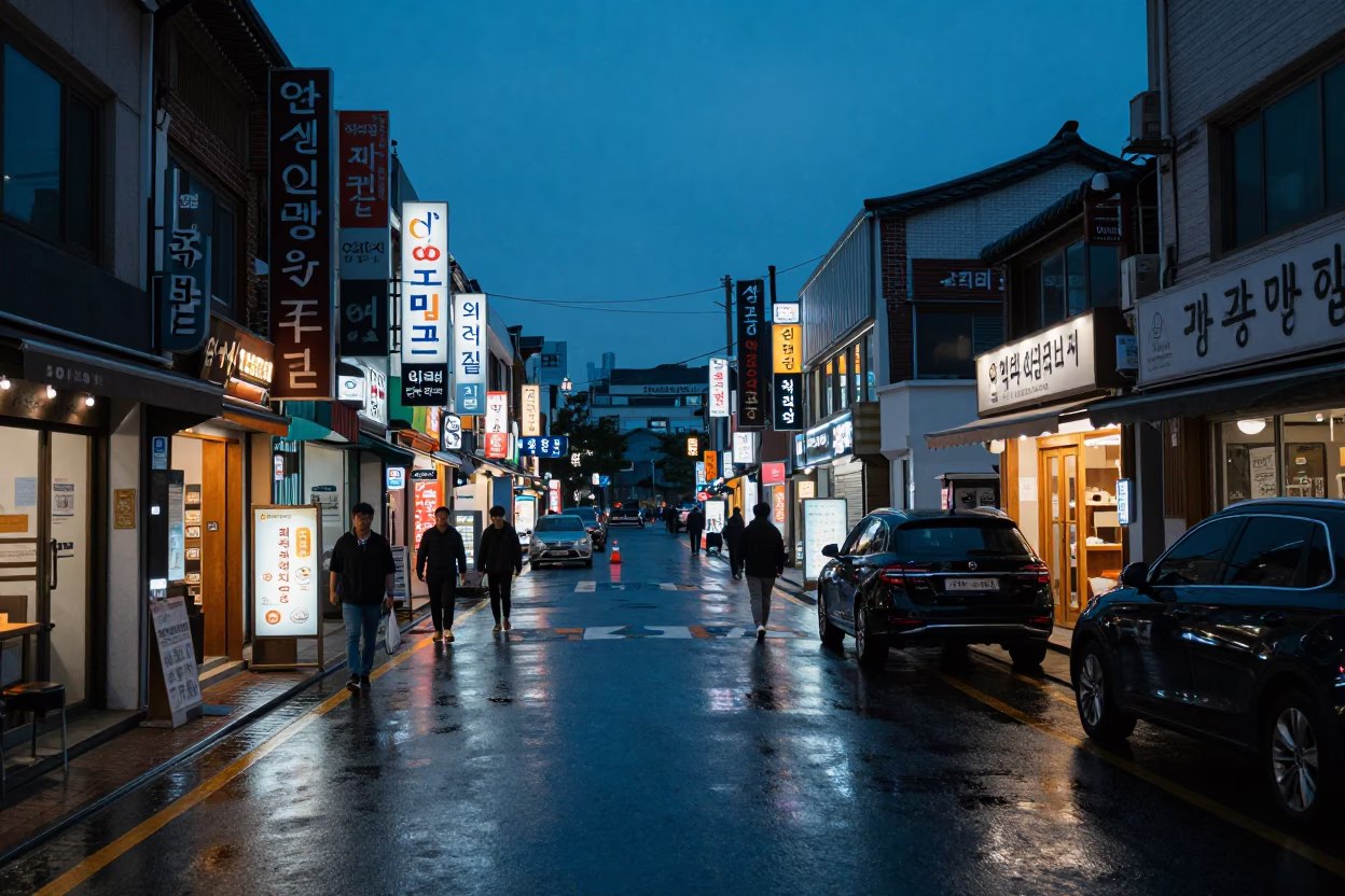 Seoul Indigo Twilight Street Scene with Traditional Korean Bibimbap Dinner in in Seoul, South Korea