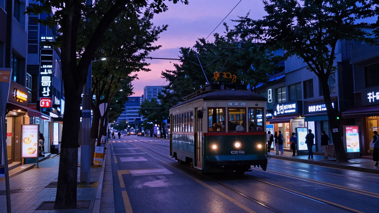 Seoul Indigo Twilight Street Scene with Trolley and Urban Life in in Seoul, South Korea