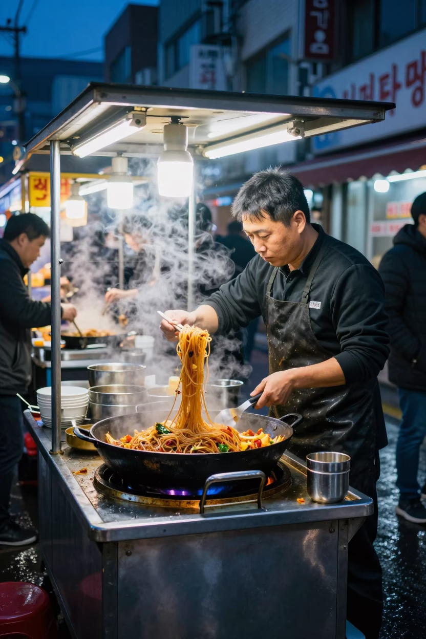 Seoul Japchae Noodles at Midnight Light in in Seoul, South Korea