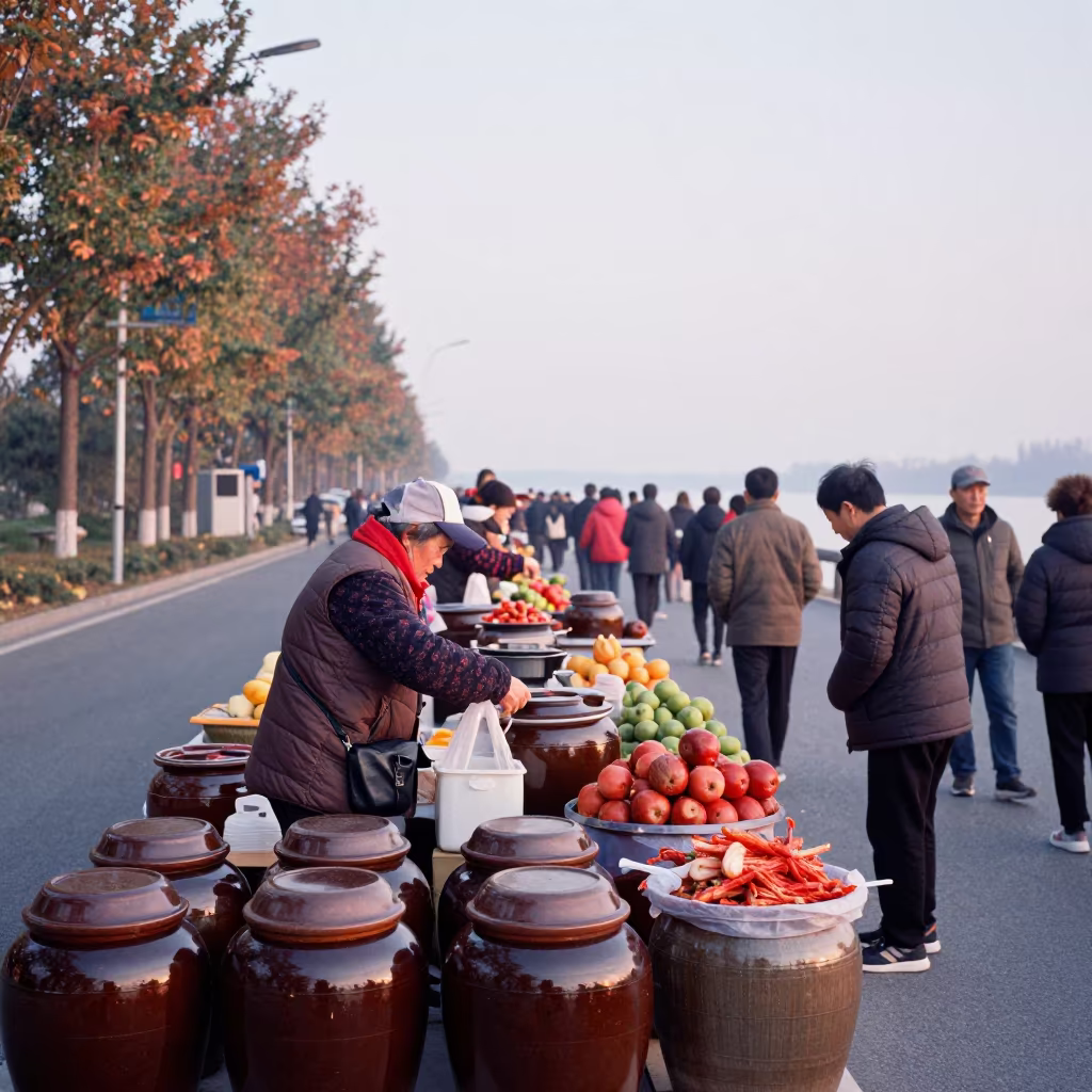 Seoul Kimchi Vendor at Wuhan Dawn Market in at a roadside fruit stand in Wuhan