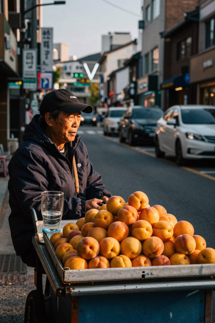 Seoul Late Afternoon Street Scene with Apricots and Glass Cloche in in Seoul, South Korea