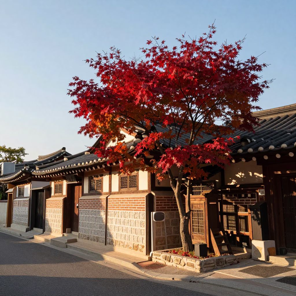 Seoul Late Afternoon Street Scene with Japanese Maple and Ceramic Bowl in in Seoul, South Korea