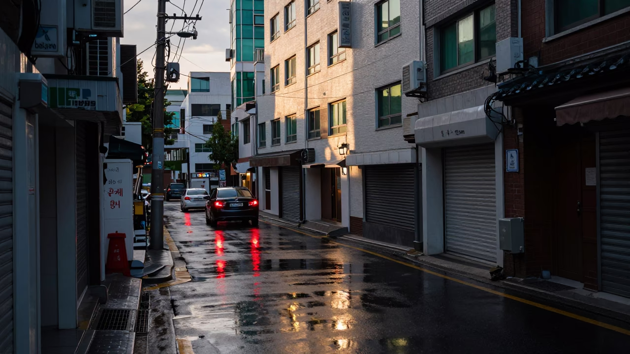 Seoul late afternoon street scene with wet pavement reflections and urban architecture in in Seoul, South Korea