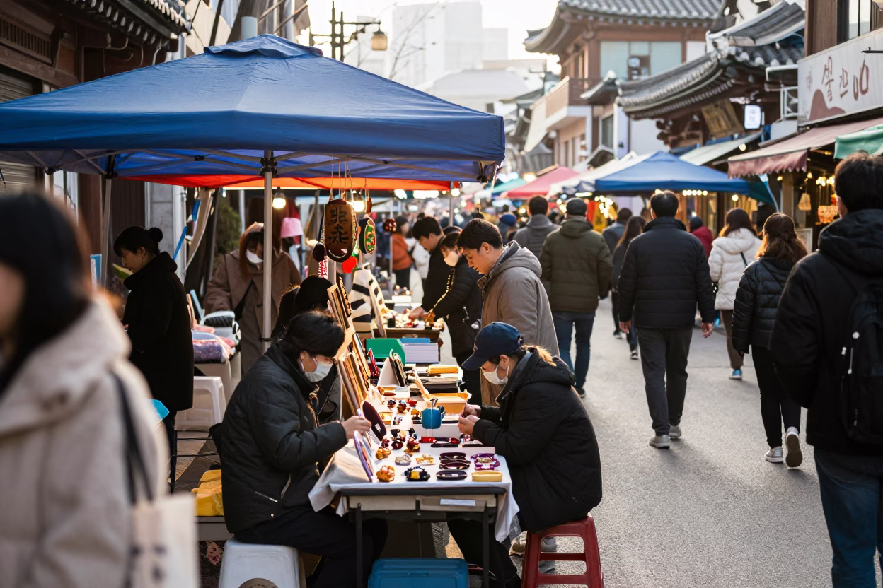 Seoul Market Stall at As First Light Reaches The Scene in in Seoul, South Korea