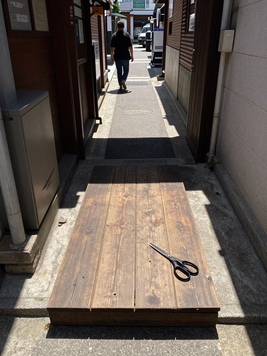 Seoul Midday Street Scene with Sewing Scissors and Grease Sheen on Doorframe in in Seoul, South Korea
