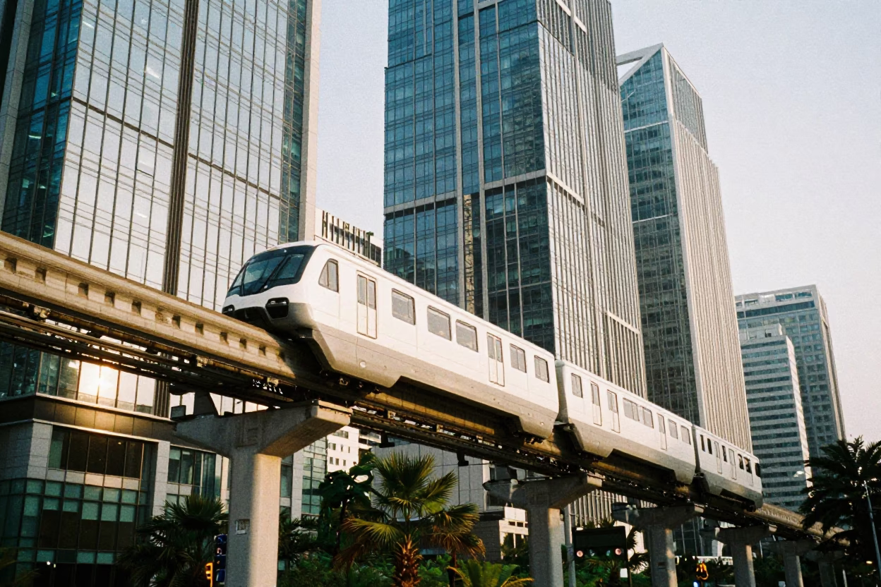 Seoul Monorail Gliding Past Glass Towers and Palm Trees in Late Afternoon in in Seoul, South Korea
