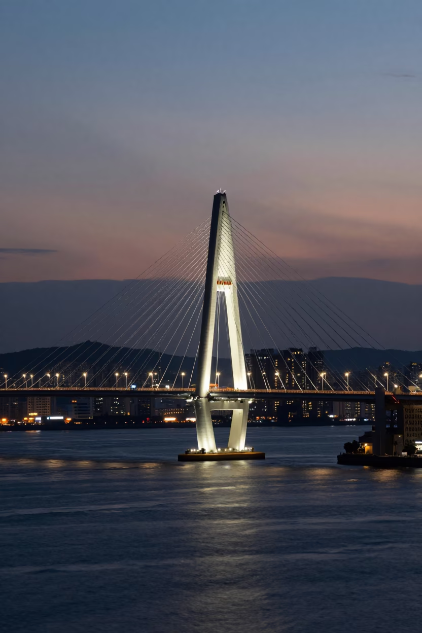 Seoul Nautical Dawn Cable-Stayed Bridge Illuminated Dark Harbor Cityscape in in Seoul, South Korea