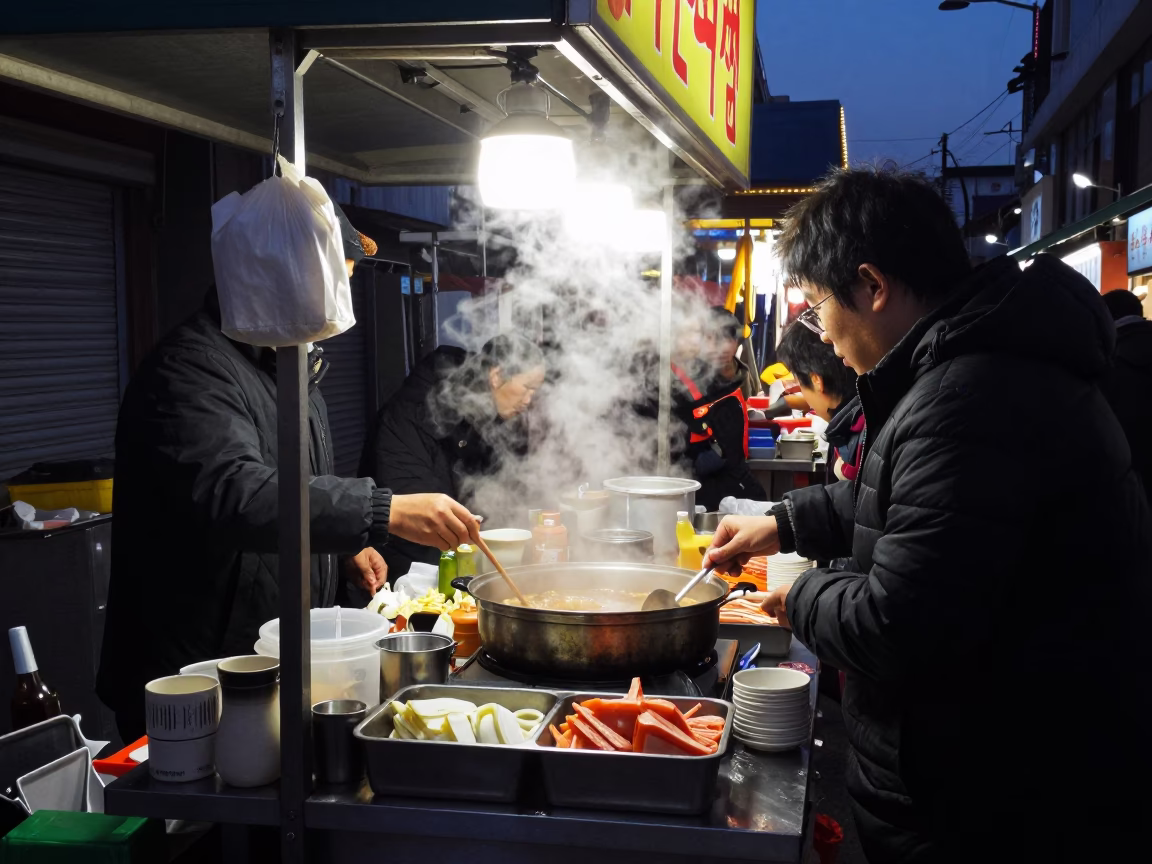 Seoul Night Market Stall Before Dawn With Ceramic Cup And Desk Lamp in in Seoul, South Korea