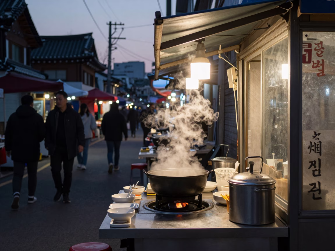 Seoul Night Market Stall Before Dawn with Steaming Hotpot and Bar Stools in in Seoul, South Korea