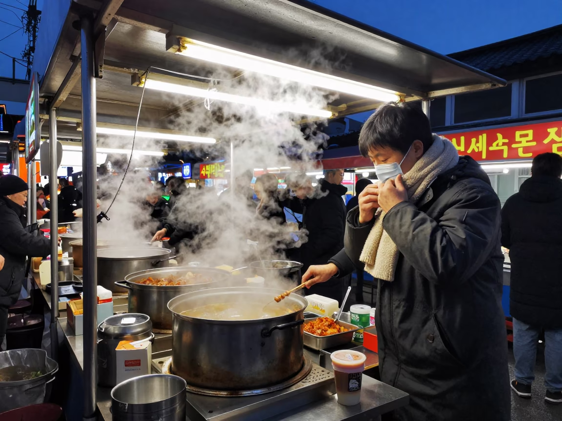 Seoul Night Market Stall Steam Before Dawn with Wool Scarves and Urban Activity in in Seoul, South Korea