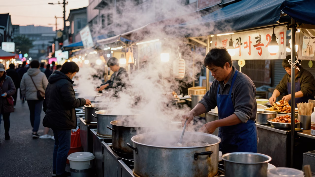 Seoul Night Market Steam Haze and Food Stall Activity in Early Evening in in Seoul, South Korea