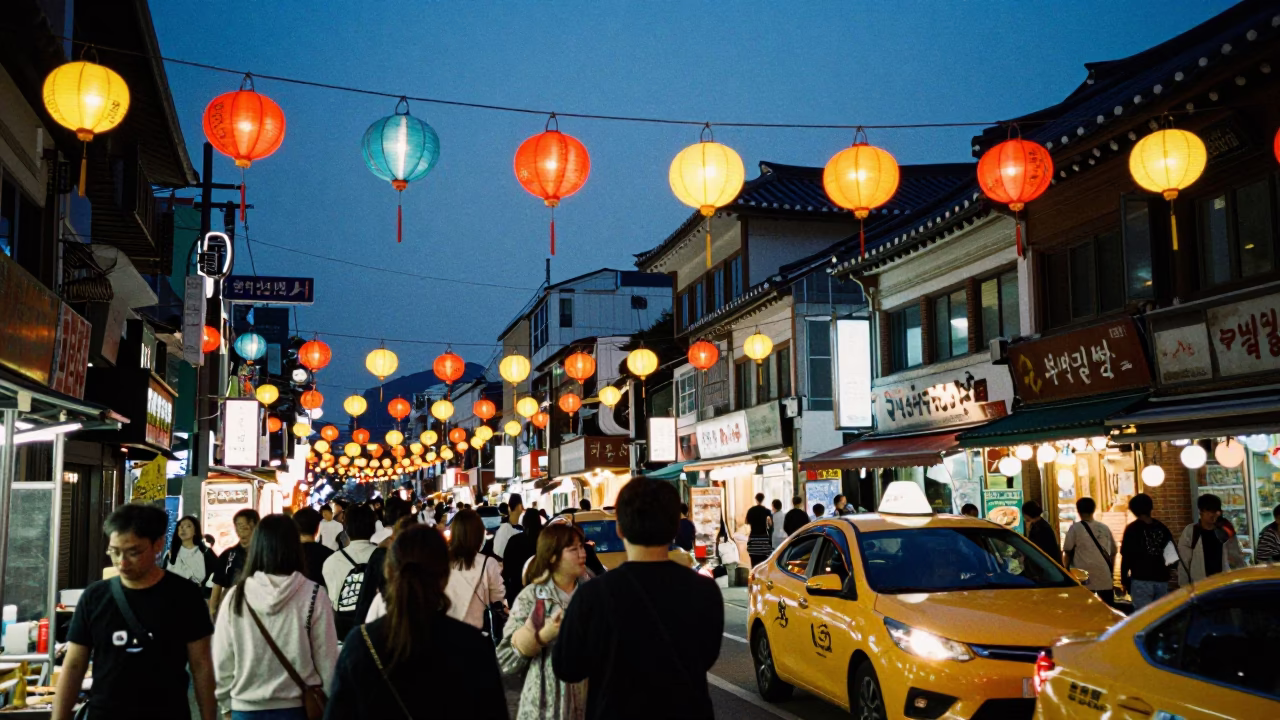 Seoul Night Market Twilight Scene with Yellow Taxi and Hanging Lanterns in in Seoul, South Korea