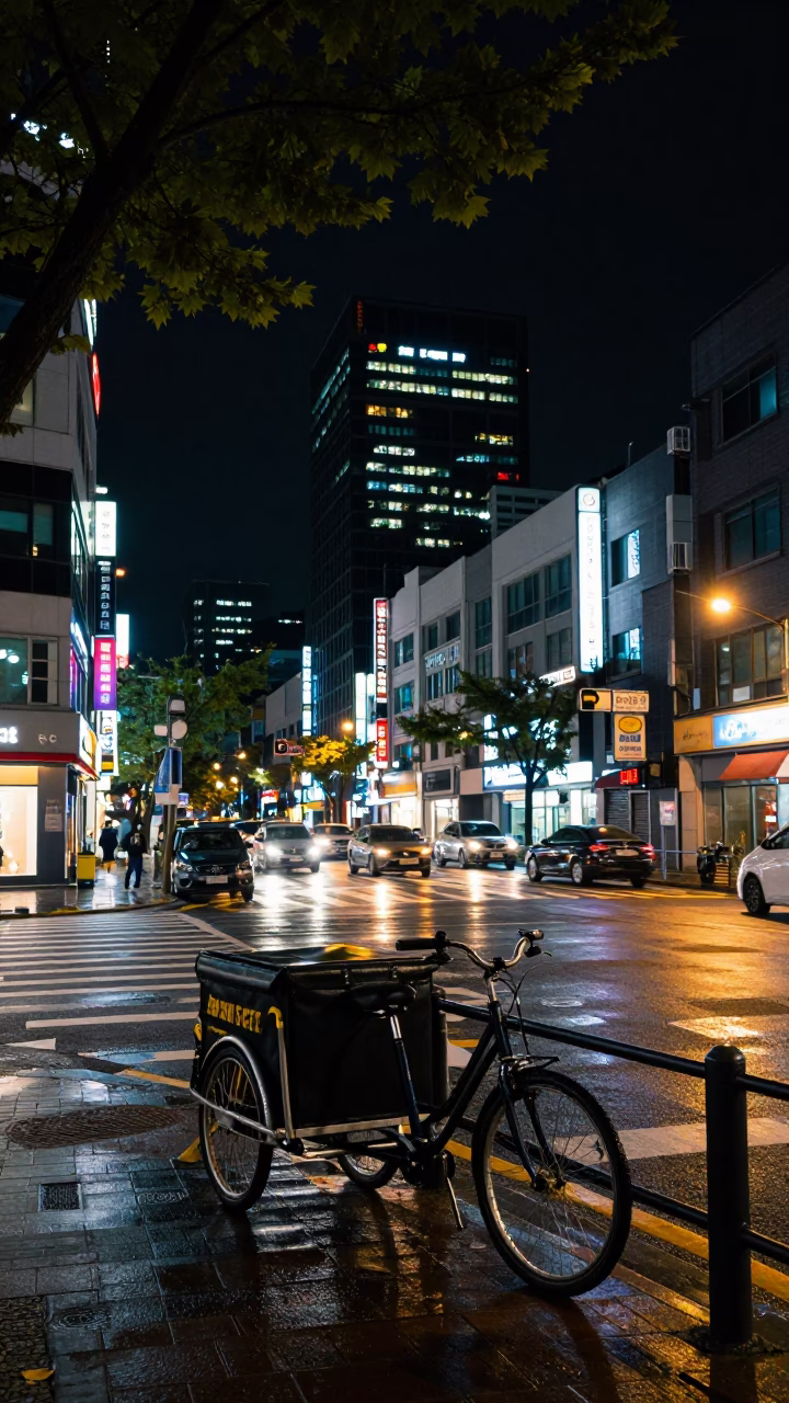 Seoul Night Skyline Street Scene with Leaf Shadows and Urban Life in in Seoul, South Korea