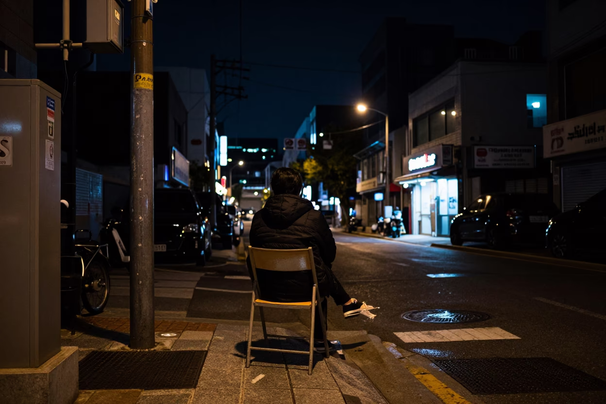 Seoul Night Street Scene with Chair and Grease Sheen Under Deep Night Sky in in Seoul, South Korea