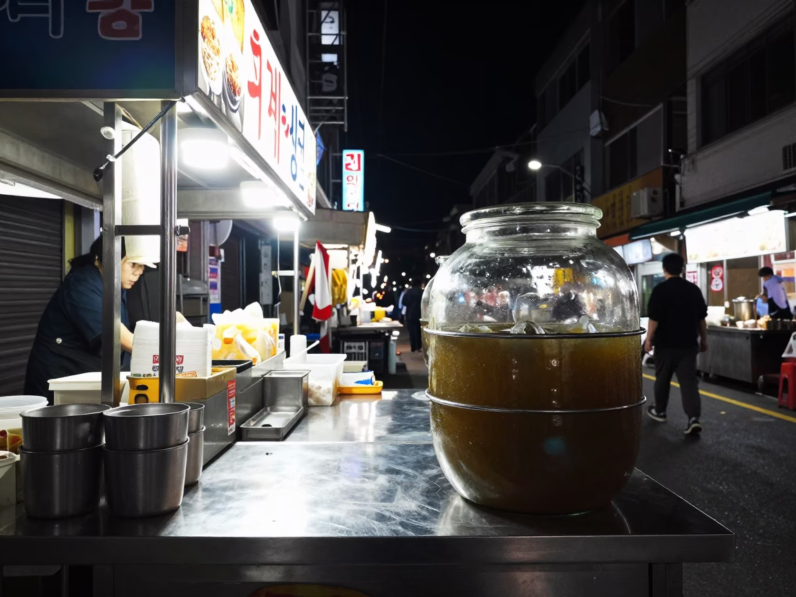 Seoul night street scene with food stall jar and dusting cloth in in Seoul, South Korea