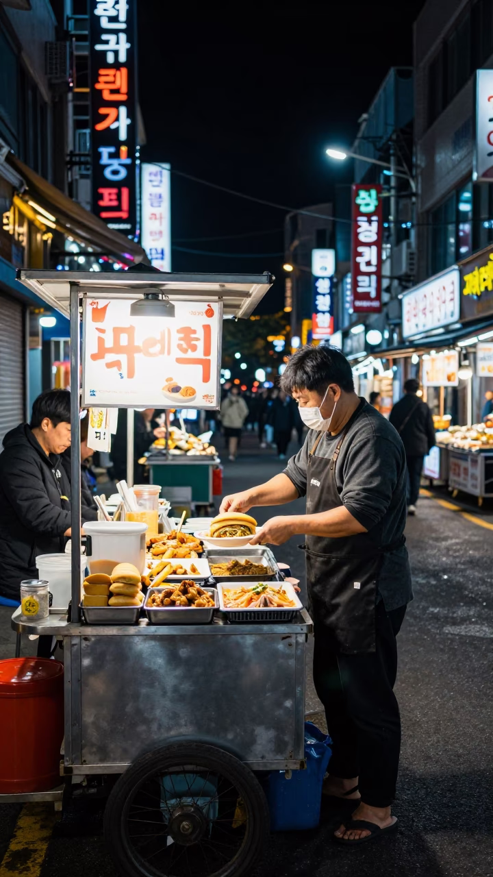 Seoul Night Street Scene with Korean Street Food and Urban Neon in in Seoul, South Korea