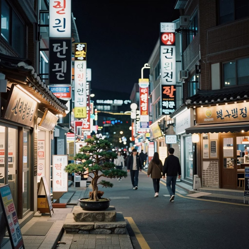 Seoul Night Street Scene with Neon Signs and Traditional Stone Elements in in Seoul, South Korea
