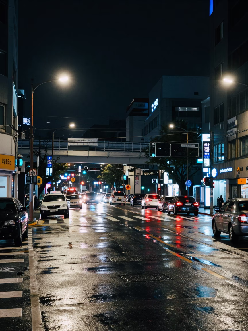 Seoul Night Street Scene with Taillight Streaks and Neon Reflections in in Seoul, South Korea