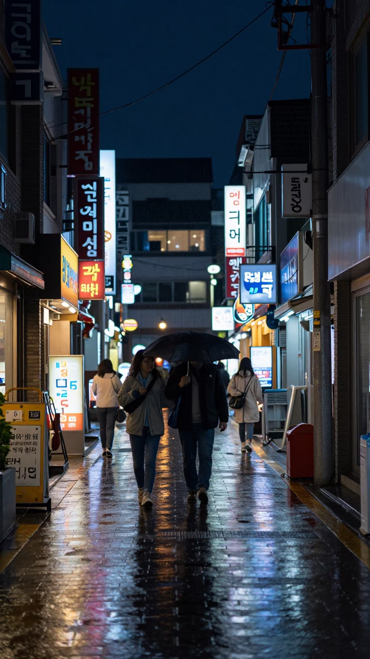 Seoul Night Street Scene with Wet Pavement and Neon Reflections in in Seoul, South Korea