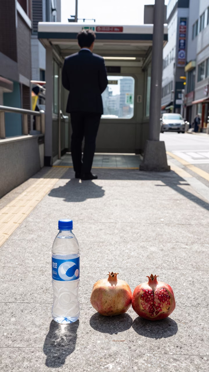 Seoul Noon Street Scene with Water Bottle and Pomegranate Seeds on Concrete Sidewalk in in Seoul, South Korea