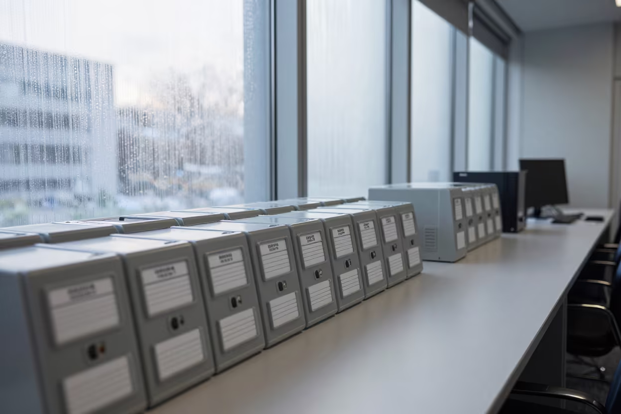 Seoul Operations Center Nameplate Tray Morning in in an operations center under monitor glow in Jongno, Seoul