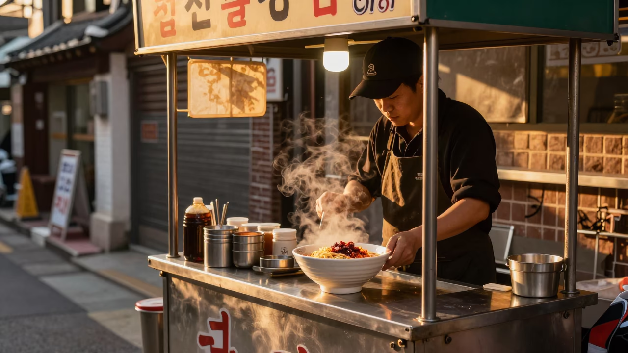 Seoul Ramen Stall at Sunset Light in in Seoul, South Korea